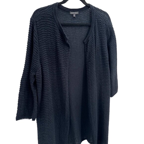 Eileen Fisher Womens Black Cotton Linen Blend Long Line Sweater Cardigan L - Picture 2 of 8